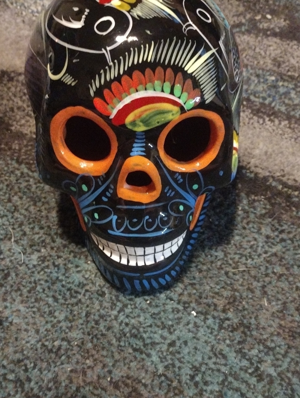 Hand-Painted Black Ceramic Sugar Skull with Orange Accents